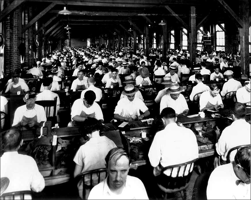 Inside an Ybor City cigar factory, circa 1920